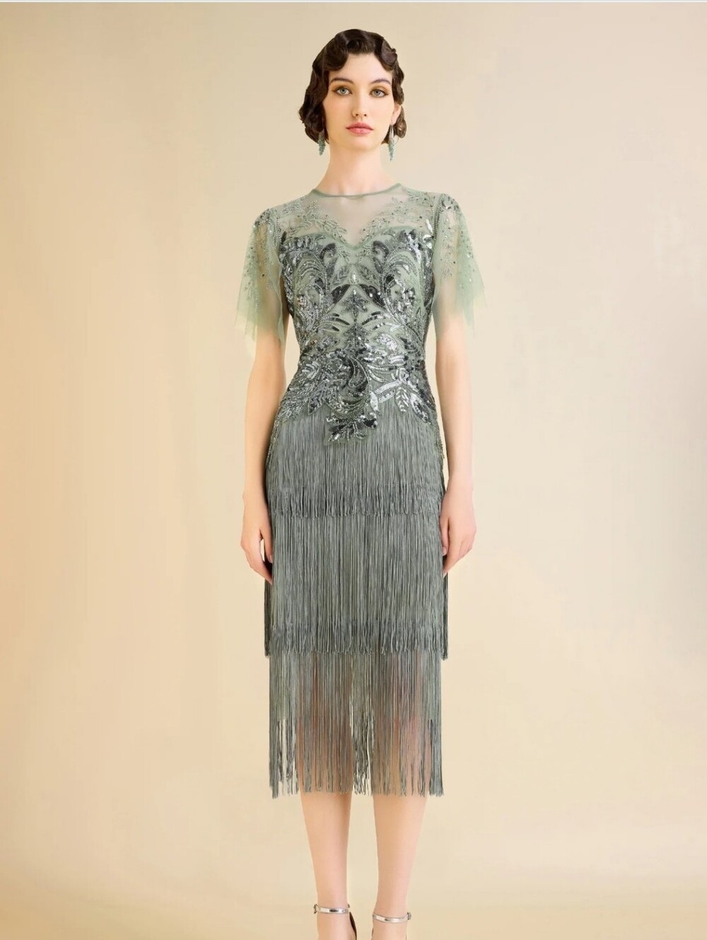 Babeyond Flapper 1929s Party Embellished Sage Floral Fringe Cocktail Dress